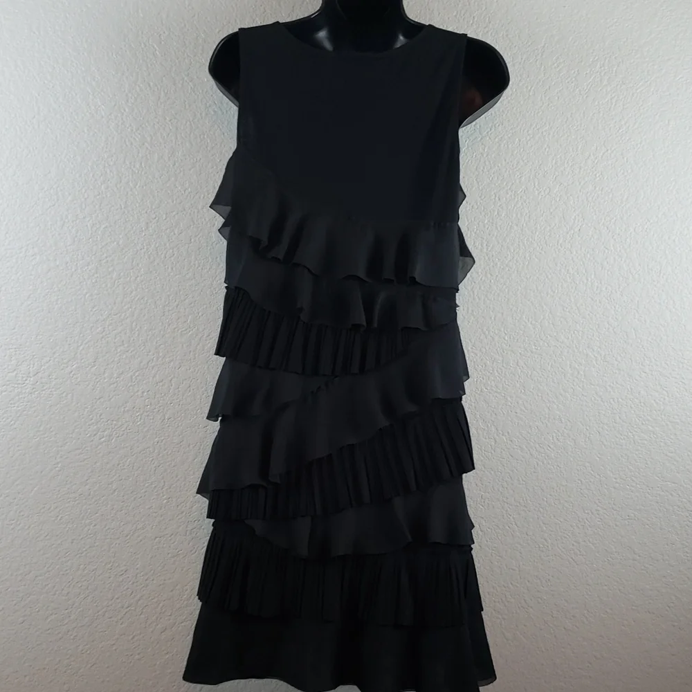 Loft | Women's Tier Ruffle V-Neck Pull-On Black Dress Sz S - Picture 6 of 9
